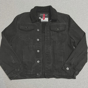 2APM Mens Denim Jacket Large Black Faux Fur Collar American Street Vision